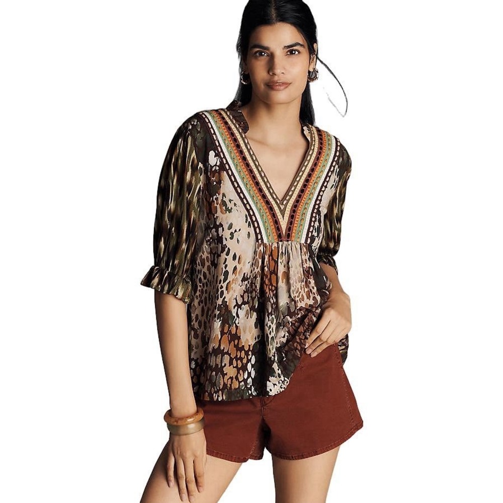 BL-NK  Stephanie Top - Green/Taupe NWT SIZE PETITE XS